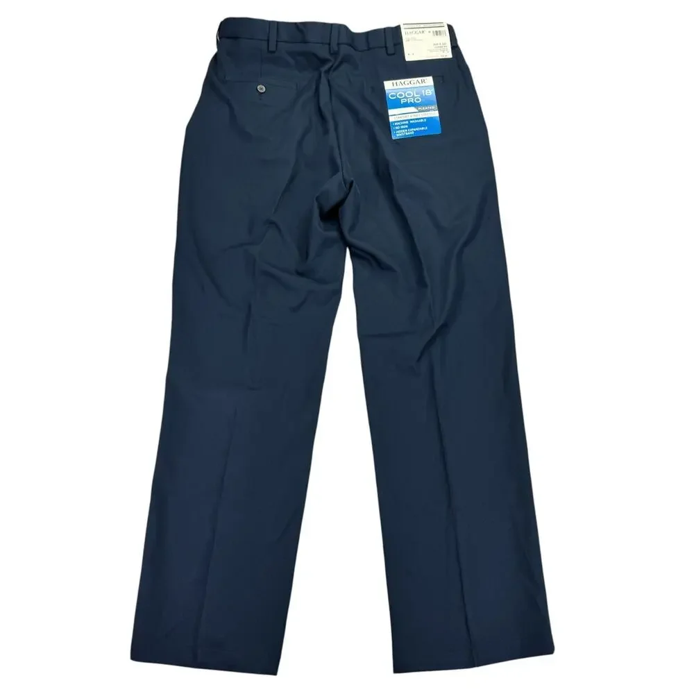 Haggar Mens Cool 18 Pro Classic Fit Pleated Stretch Dress Pants Navy Blue 36x32
